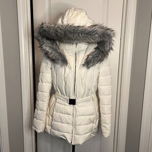 Bar III Quilted Puffer Faux Fur Hooded Belted Lined Pocket Parka Coat